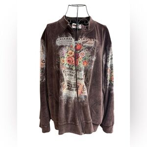 Confetti Floral Paris Graphic Brown Velour Zip-Up Jacket 3X